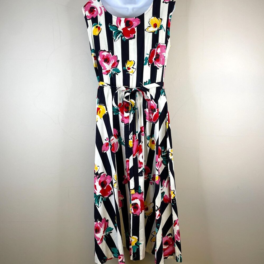 Vintage Garden Tea Party Midi Dress 10 Whimsical Alice Floral Stripe Bow Back - Picture 2 of 14
